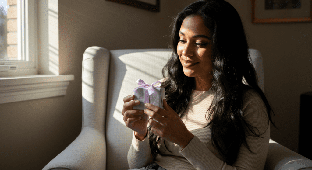 A woman is looking at a package she got lovingly. Inside of the package is make up.