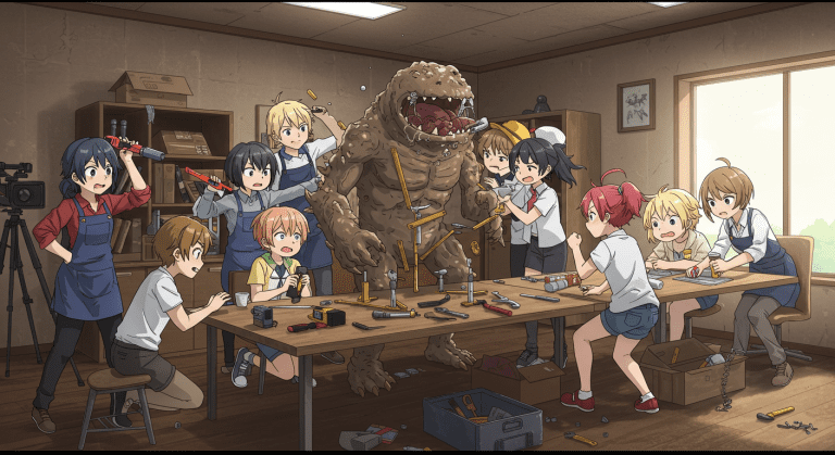 A bunch of vtubers in a room collaborating on building a monster. There are tools strewn about and several are being wacky and unhelpful while some are getting upset and trying their hardest.