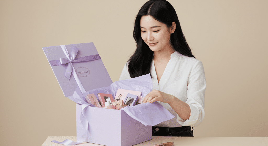 A woman is looking at a package she got lovingly. Inside of the package is make up.