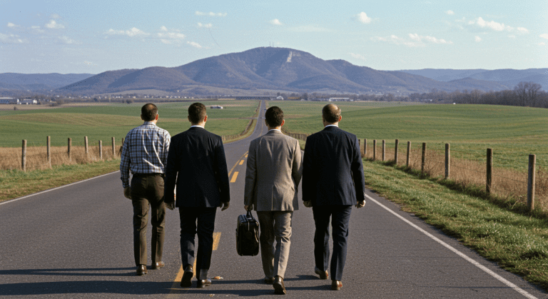 In and out corporate employees leaving california for tenneesee. The beautiful rolling hills of tenneesee are infront of them as they breathe a sigh of relief (of breathable air) (