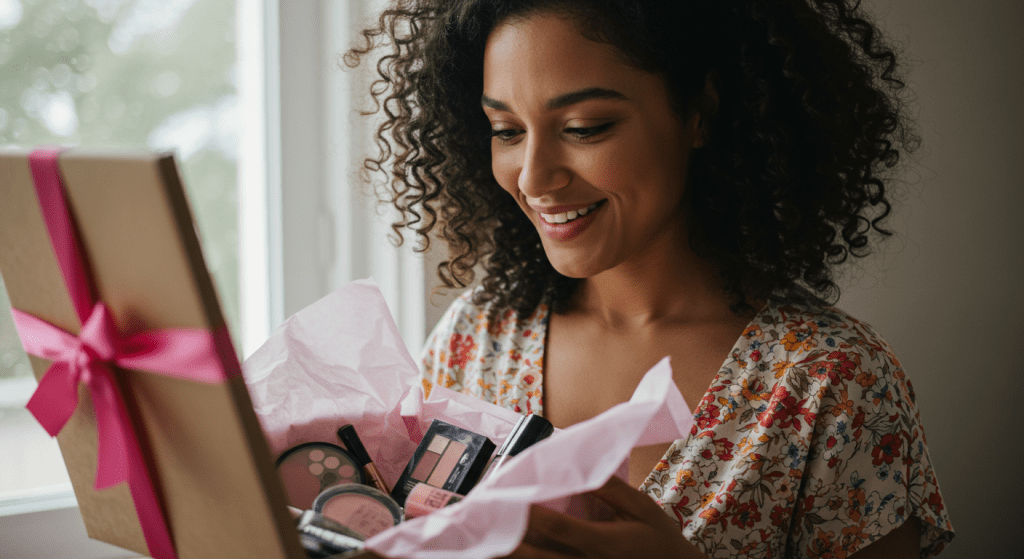 A woman is looking at a package she got lovingly. Inside of the package is make up.