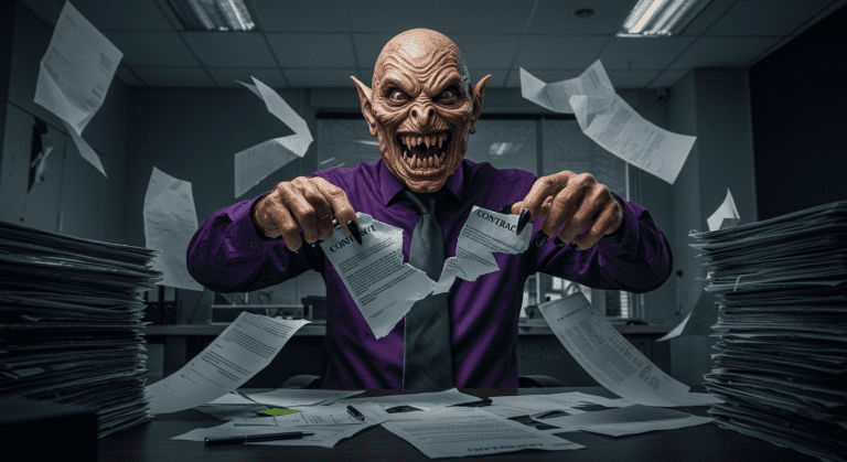 An evil shrill person in a purple shirt who is clearly a monster tearing up people's contracts.