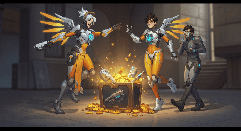 Adult Mercy and Tracer from overwatch in techo-cyber skins dancing around a loot box that has been opened to reveal a lot of weapons and gold. They are very happy. Far in the background, reinhardt sheds a tear in sadness.