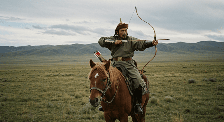 gengis khan 35mm film on horse back, pointing a bow and arrow at the view port