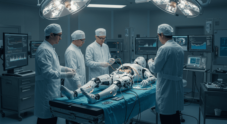 An Ai being programmed in c# by scientists on an operating table