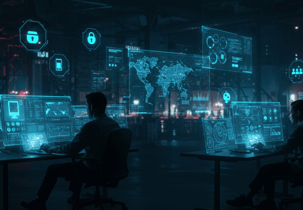 Create a futuristic cyber command center scene. In the foreground, analysts monitor multiple holographic screens displaying network traffic, digital maps of IoT devices, and real-time DDoS attack data. In the background, abstract representations of vulnerable IoT devices (like smart cameras, thermostats, and sensors) and stressor icons (simulated botnet traffic) float amid neon blue and green digital overlays. The overall style is high-tech and cyberpunk, with glowing holograms and a dark, atmospheric backdrop suggesting urgency and advanced cybersecurity defense. street photography surreal