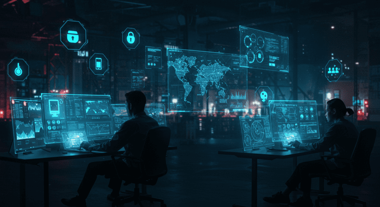 Create a futuristic cyber command center scene. In the foreground, analysts monitor multiple holographic screens displaying network traffic, digital maps of IoT devices, and real-time DDoS attack data. In the background, abstract representations of vulnerable IoT devices (like smart cameras, thermostats, and sensors) and stressor icons (simulated botnet traffic) float amid neon blue and green digital overlays. The overall style is high-tech and cyberpunk, with glowing holograms and a dark, atmospheric backdrop suggesting urgency and advanced cybersecurity defense. street photography surreal